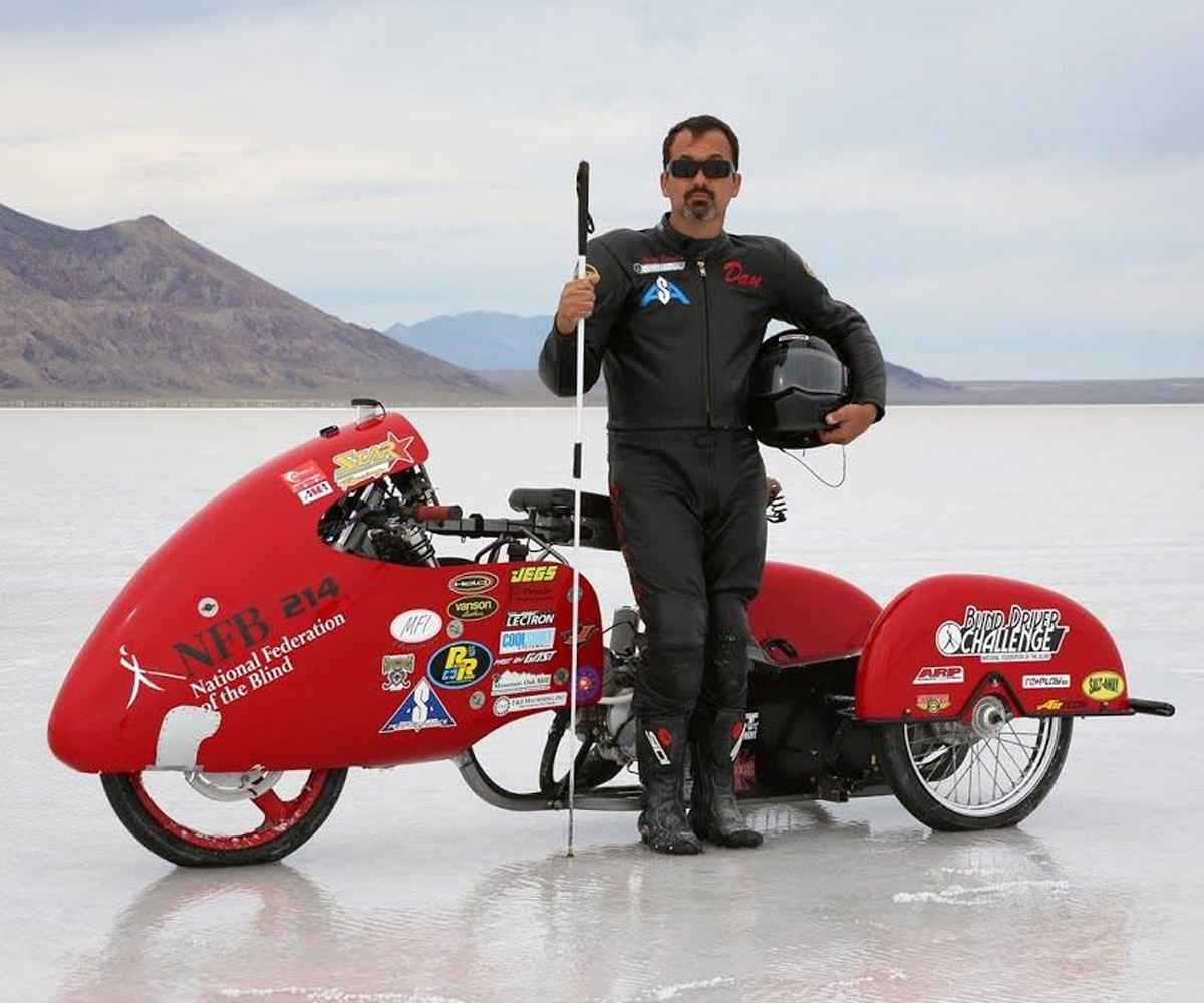 Blind racer Dan Parker set a world record at the Bonneville Salt Flats with his motorcycle.
